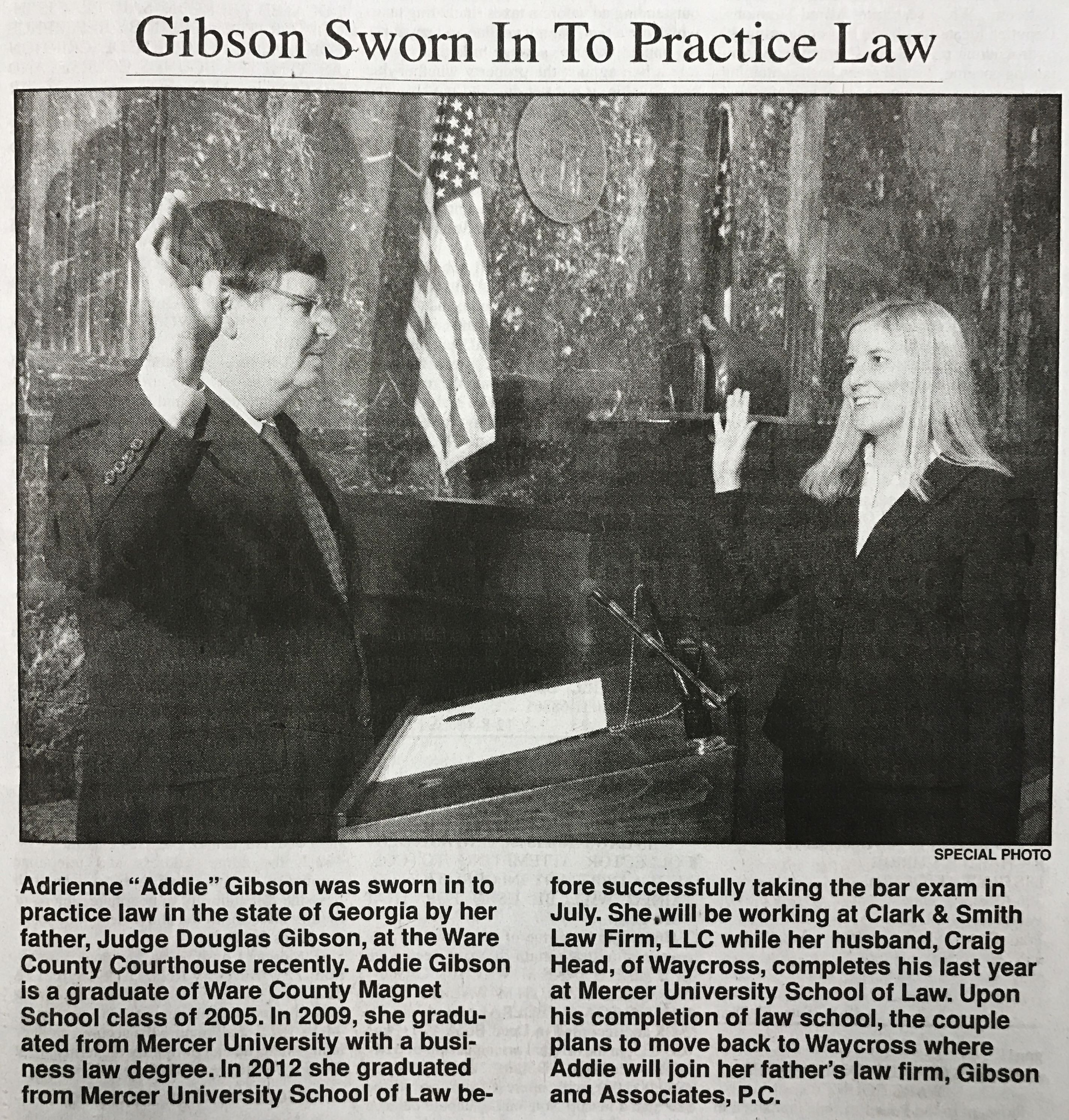 Gibson Sworn In To Practice Law